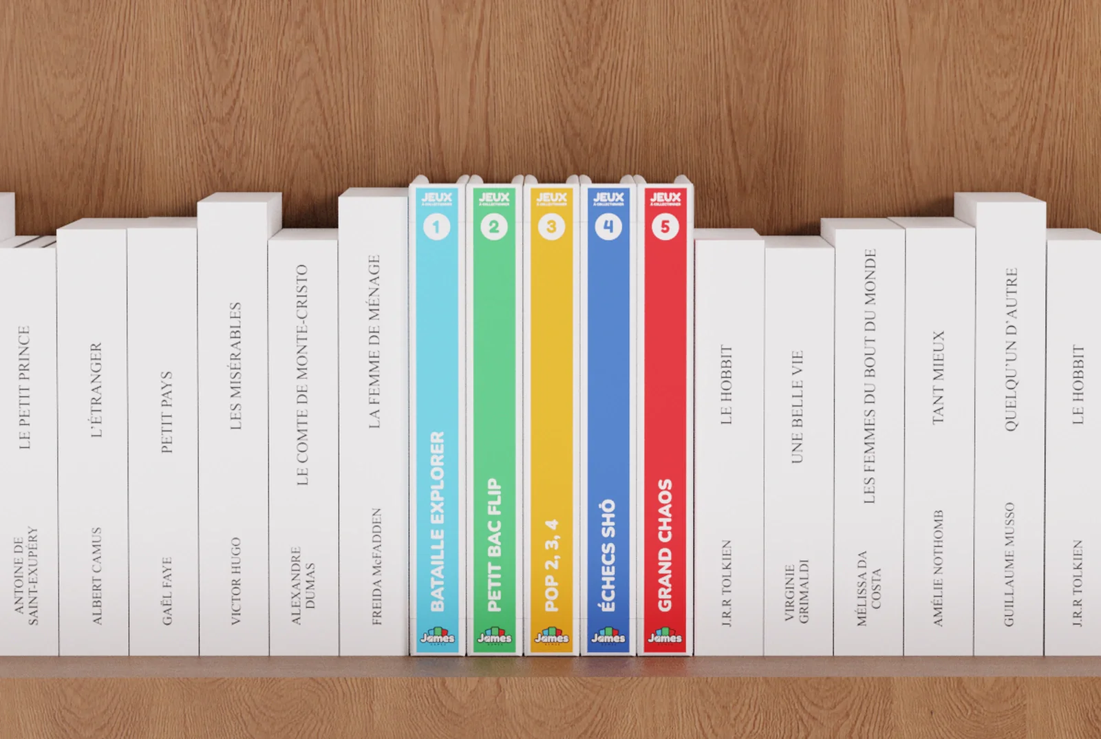 Les 5 livres-jeux alignés dans une bibliothèque