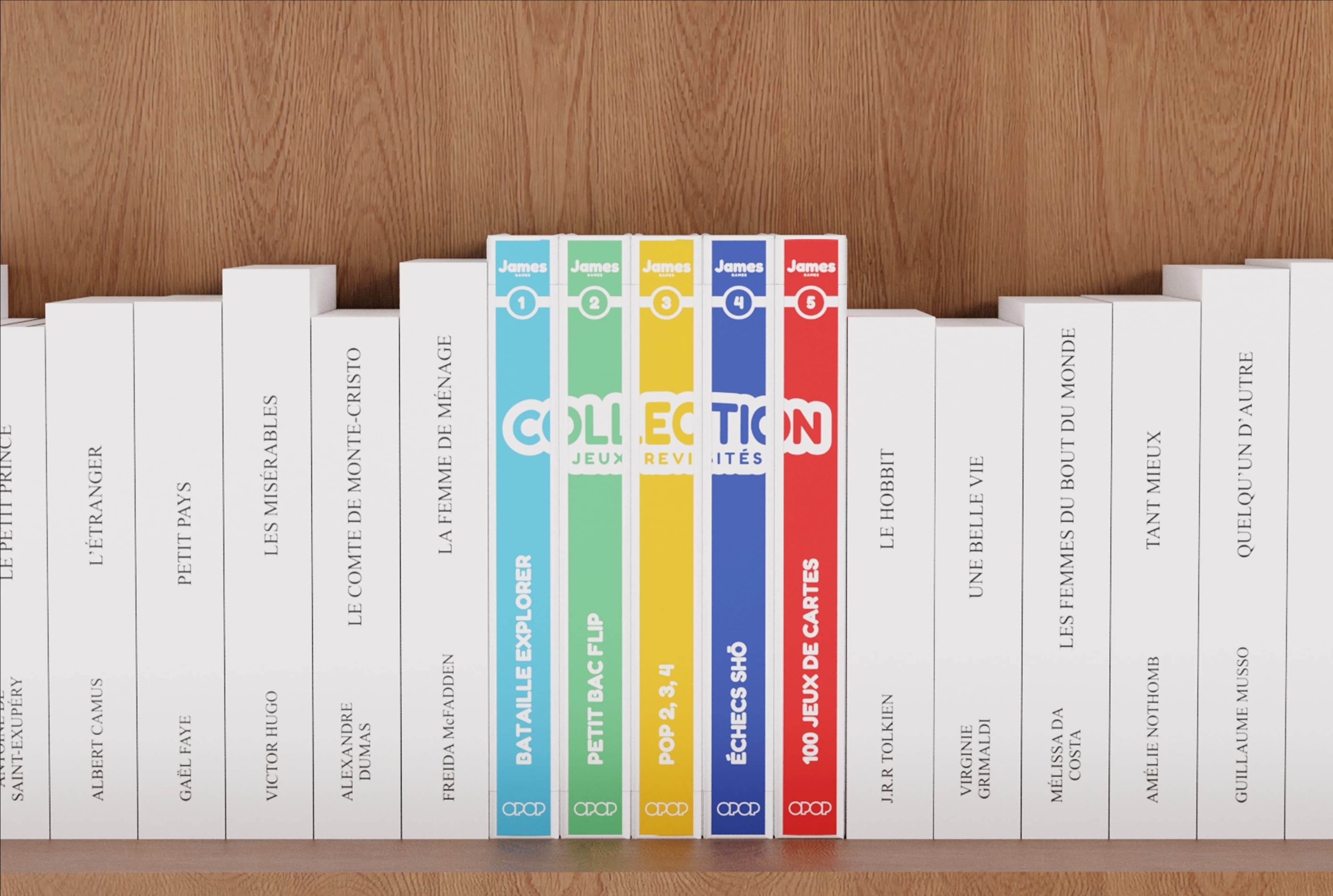 Les 5 livres-jeux alignés dans une bibliothèque